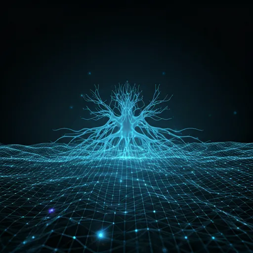 Futuristic glowing blue neural network grid — representing AI application design and data pathways
